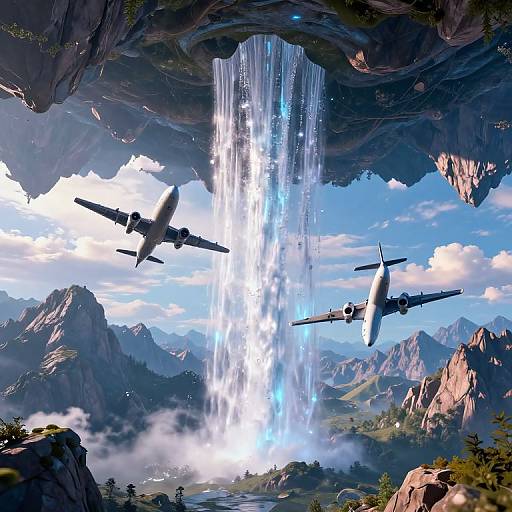 Digital art: Two aircraft flying near a towering, cascading waterfall amidst rocky mountains, with a bright blue sky and scattered clouds.