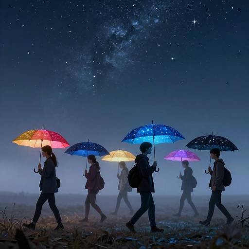 Digital artwork: Silhouetted figures walk under colorful umbrellas (red, yellow, blue, purple) under a starry, Milky Way-l