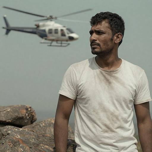 Intense Portrait with Helicopter Above