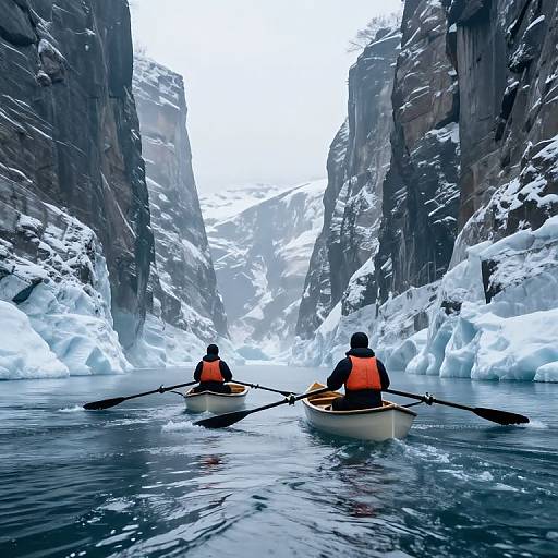 Photograph of two kayakers in orange life jackets paddling through a narrow, icy canyon with towering, snow-covered cliffs.