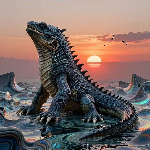 Digital artwork: A detailed, intricately patterned, black dragon with white stripes sits in a rippling, surreal ocean at sunset, with birds flying