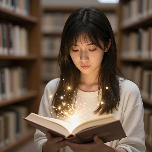 Photograph of a young Asian woman with long black hair, wearing a white sweater, reading a book in a library, with glowing sparkles emerging from