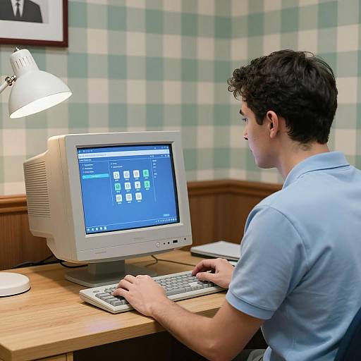 Vintage Desk Scene with Man and Computer
