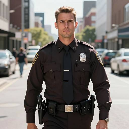Photograph of a serious, muscular male police officer in a black uniform standing on a sunlit urban street with blurred cars and buildings in the background.