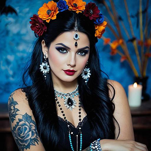 Woman in Goddess Kali Inspired Costume with Floral Headpiece