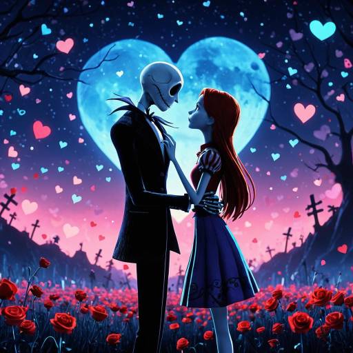 Romantic Skeleton Couple in Rose Field at Moonlight