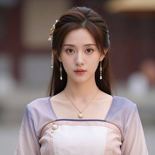 Photograph of an Asian woman with fair skin, long black hair, wearing a lavender silk dress, gold necklace, and dangling earrings, standing in a