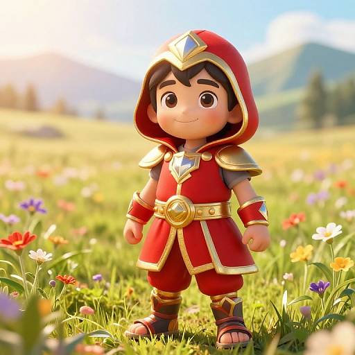 CGI cartoon of a young boy in red and gold adventurer's outfit, standing in a sunlit meadow with colorful flowers, mountains in the background