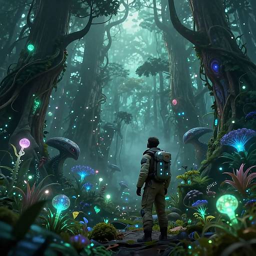 Digital artwork of a lone, backpacked adventurer standing in a mystical, glowing forest filled with bioluminescent mushrooms, glowing flora, and ethereal
