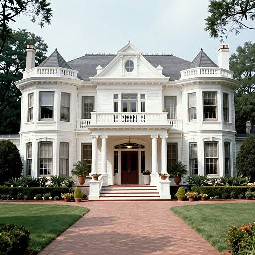 Photograph of a grand, white, two-story Victorian mansion with symmetrical windows, a central balcony, and a brick pathway leading to the front door
