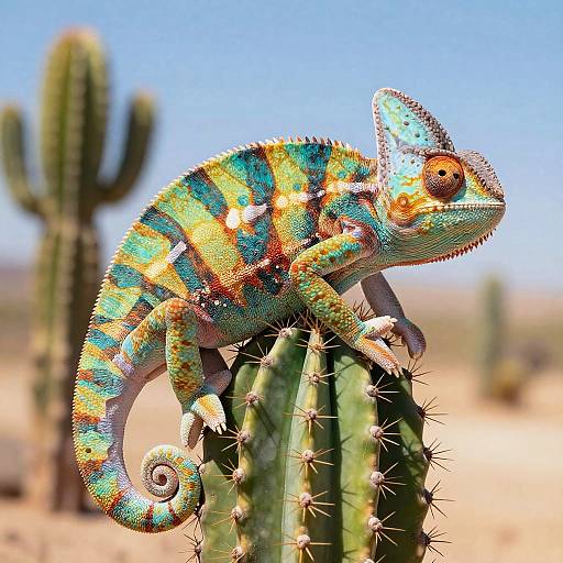 Whimsical Overweight Chameleon on Cactus