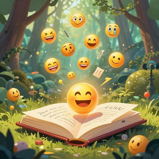 Digital illustration of glowing, smiling emojis hovering over an open enchanted book in a sunlit forest, surrounded by lush greenery.
