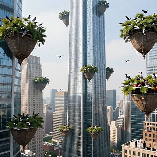 Photorealistic CGI cityscape of skyscrapers with greenery-filled hanging planters, birds flying, and clear blue sky, blending urban and nature