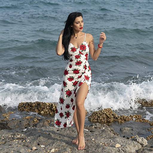 Woman in Floral Dress on Rocky Shore