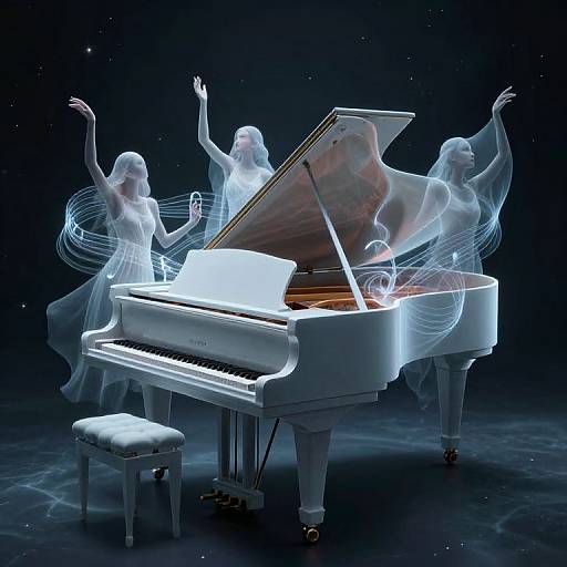 Digital art of ethereal, translucent female spirits playing a glowing white grand piano with ghostly blue rings and a starry night background.