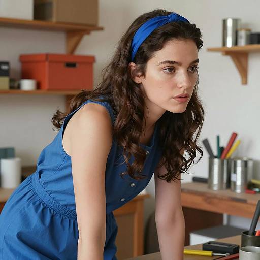 Woman in Blue Dress in Workshop Setting
