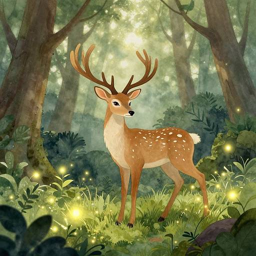 Digital illustration of a graceful, brown deer with white spots and large antlers, standing in a magical forest illuminated by glowing fireflies.