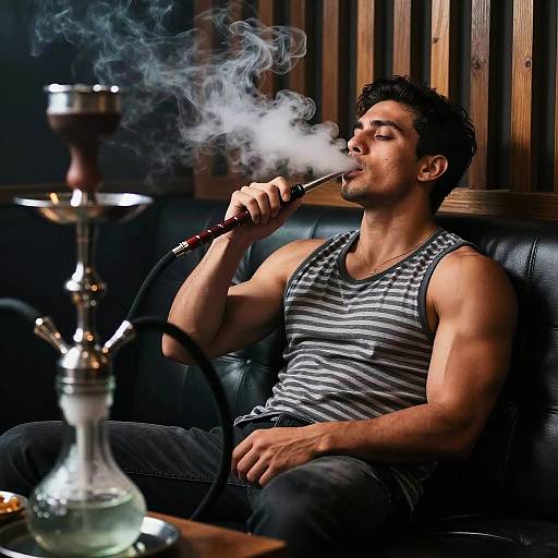 Muscular Man Relaxing with Hookah