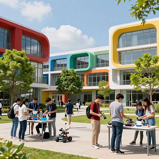 Photograph of diverse college students standing outdoors at a colorful, modern campus building with red, green, yellow, and orange walls. They're chatting and