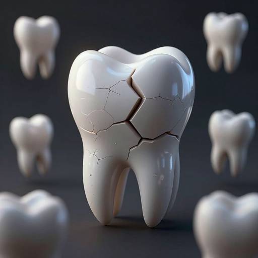 Digital artwork of a cracked white tooth with visible fissures, surrounded by blurred, identical teeth on a dark background.