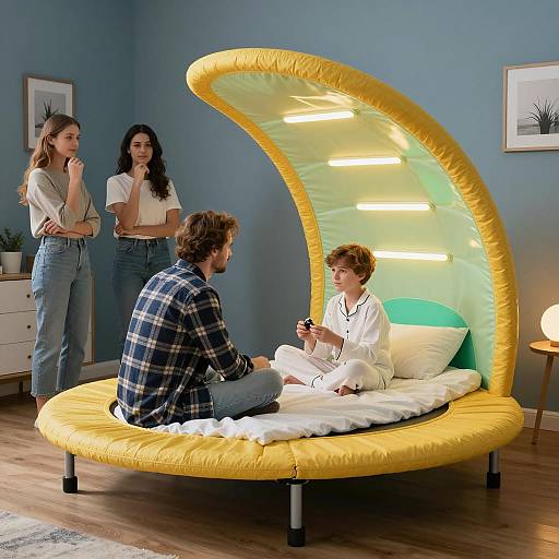 Futuristic Bedroom Scene with Four Characters