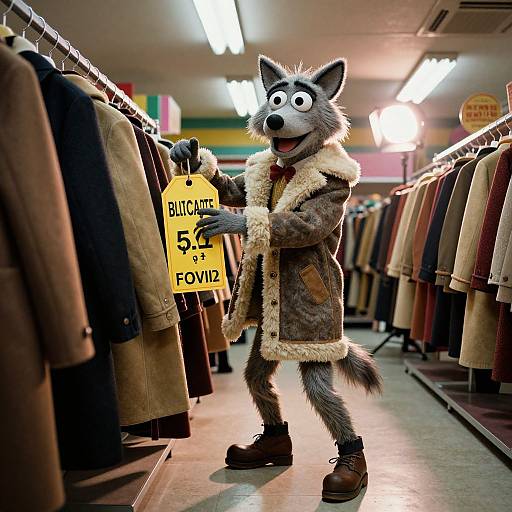 Photograph of a furry wolf-costumed character holding a 