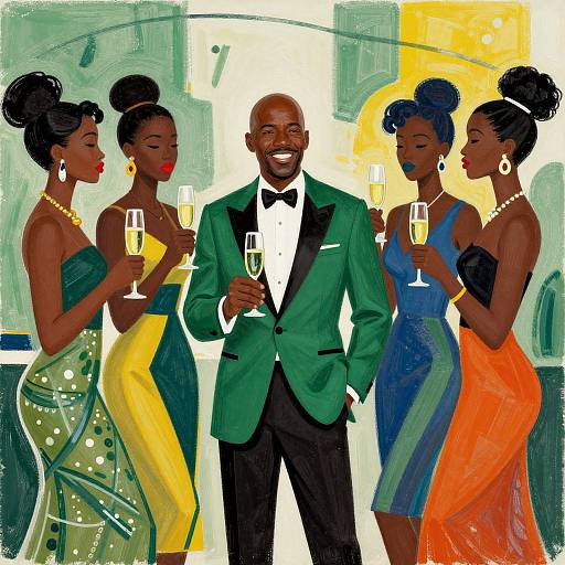 Digital painting of four elegant Black women in colorful, strapless dresses, holding champagne glasses, standing beside a smiling Black man in a green tuxedo