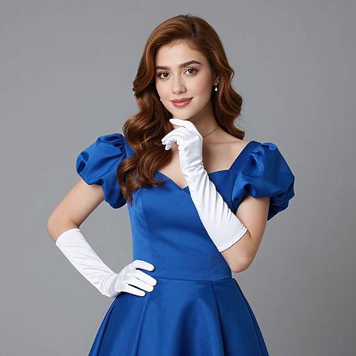 Photograph of a young woman with wavy brown hair, wearing a blue, puffed-sleeve dress and white gloves, against a gray background