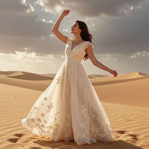 Photograph of a woman in a white, floral-embroidered wedding dress, standing in a sunlit desert with golden sand dunes, raising