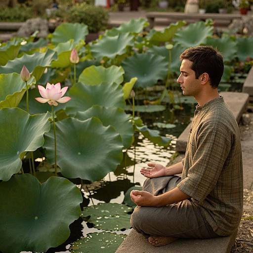 Photograph of a young man with short dark hair, wearing a gray checkered shirt and brown pants, meditating on a stone edge beside a serene