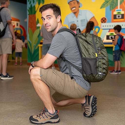 Photograph of a young man with short dark hair, gray t-shirt, beige shorts, and hiking shoes, crouching with a green backpack,