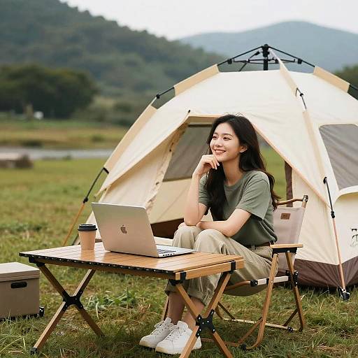 Asian woman with long black hair, green shirt, beige pants, white sneakers, smiles while working on a laptop at a beige camping tent in a grass