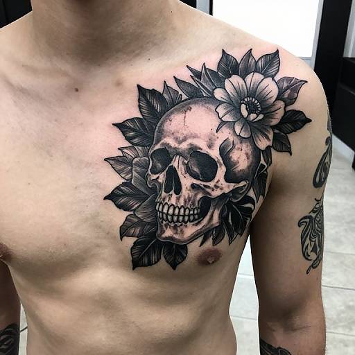 Detailed Skull Tattoo on Chest and Shoulder