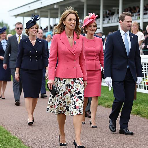 Photograph of four formally dressed people walking at an outdoor event; three women in pink blazers and floral skirts, one in a navy blazer and