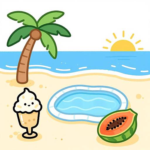 Cartoon beach scene: palm tree, sun, ocean, sand, blue water, ice cream, slice of watermelon, bright colors, simple lines
