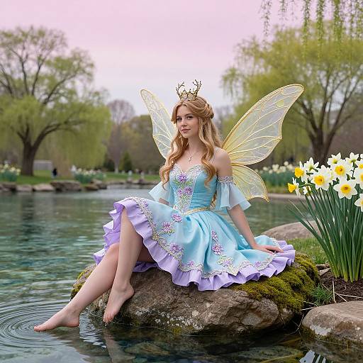 Photograph of a fair-skinned, blonde fairy with translucent wings, wearing a light blue, floral-embellished dress, sitting on a moss