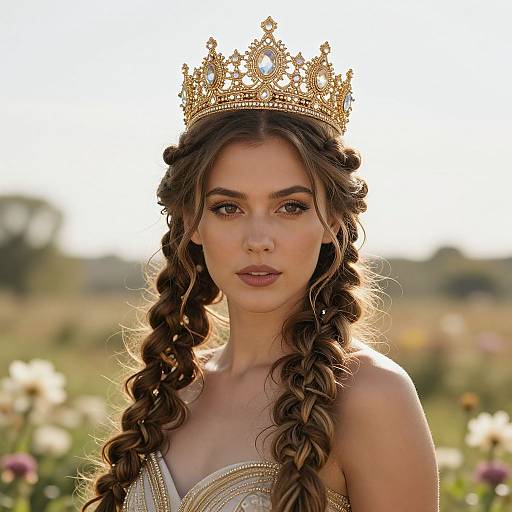 Regal Woman with Flowing Braids and Crown