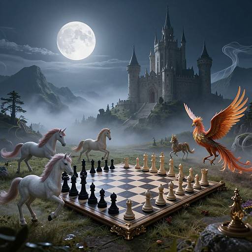Fantastical moonlit scene: white horses playing chess with a phoenix, castle in background, misty mountains, full moon, vibrant colors. Digital