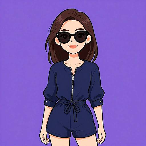 Digital anime-style drawing of a smiling woman with brown hair, wearing black sunglasses, a navy blue romper, and standing against a solid purple background.