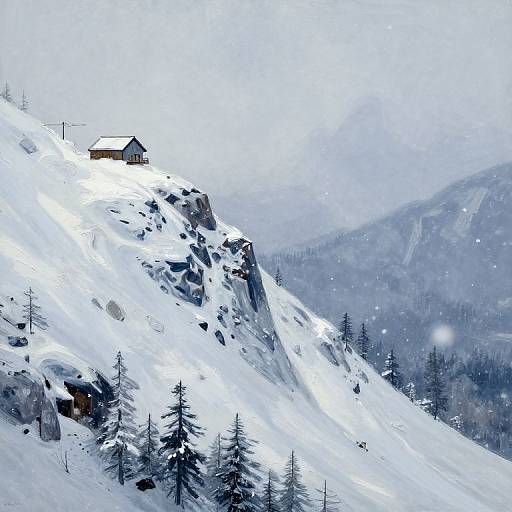 Photograph of a snow-covered mountain peak with a small wooden cabin, surrounded by sparse evergreen trees, under a snowy sky.