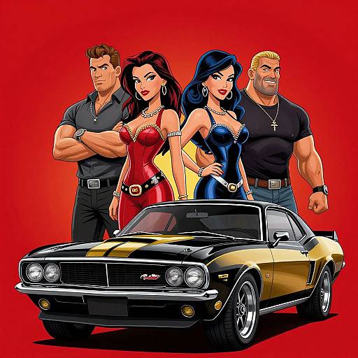 Colorful digital illustration of three muscular men in black shirts, two women in red and blue dresses, standing behind a black and gold muscle car on a