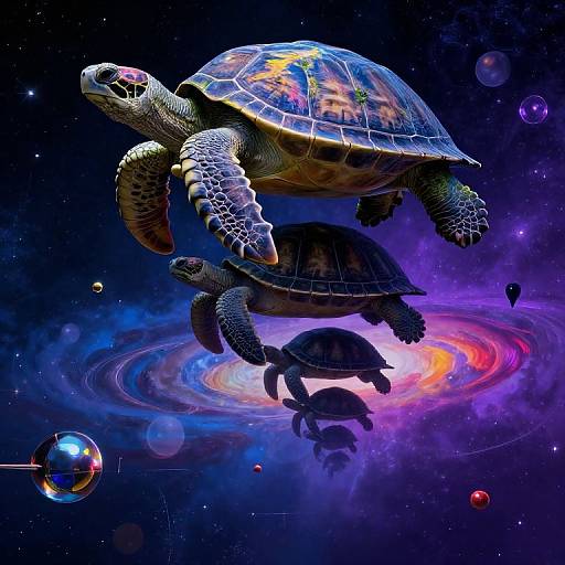 Digital artwork of three turtles soaring through a vibrant, cosmic galaxy with colorful nebulae, starry background, and a reflective glass sphere.
