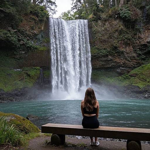 Photograph of a woman with long brown hair, wearing a black top and black pants, sitting on a wooden bench, facing a tall, cascading