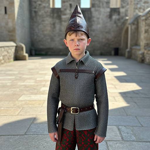 Photograph of a young boy in medieval armor with a pointed steel helmet, standing in a sunlit stone courtyard.