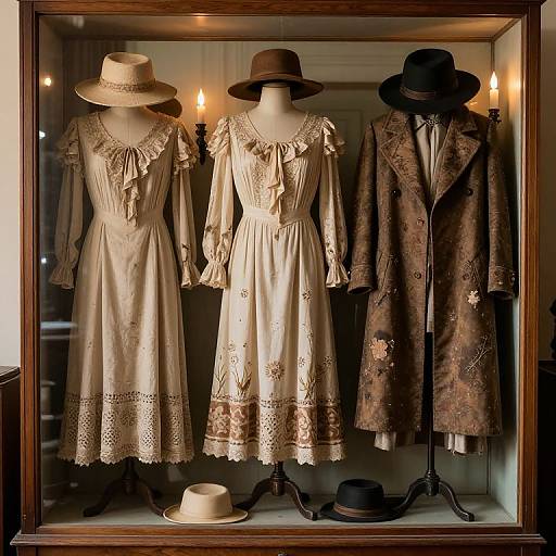 Photograph of a vintage display case with two cream lace dresses, two wide-brimmed hats, and one brown floral coat. Warm lighting.