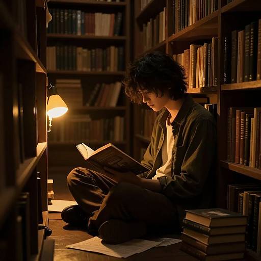 Photograph of a young man with messy dark hair, wearing a dark shirt, sitting on the floor in a dimly lit library, reading a book