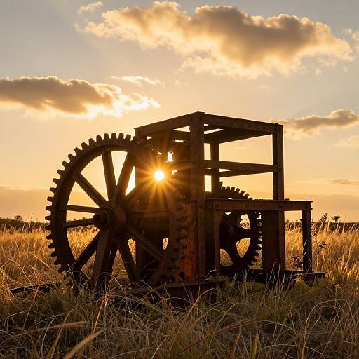 Photograph of a rustic, silhouetted wooden waterwheel at sunset, with golden grasses in the foreground and sun peeking through clouds in