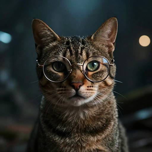Photograph of a tabby cat with green eyes and round glasses, set against a dark, blurred background with soft bokeh lights.