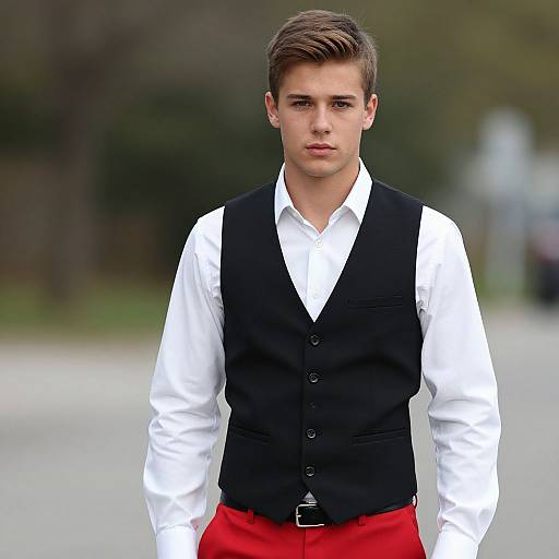 Photograph of a young Caucasian man with short brown hair, wearing a white shirt, black vest, and red pants, standing outdoors.