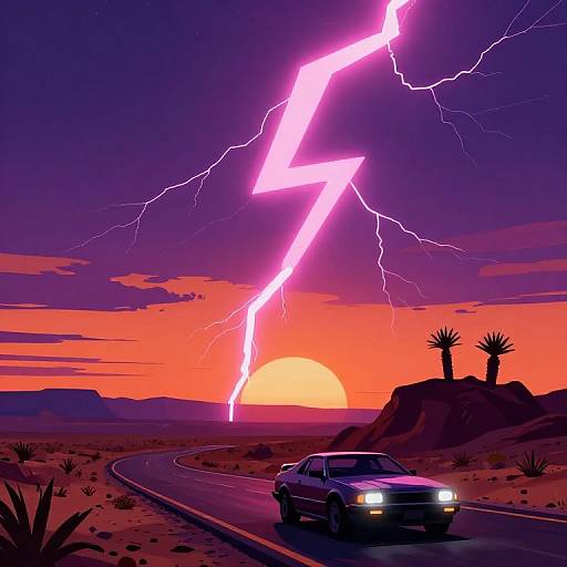 Digital art: Neon purple lightning bolt illuminates a desert sunset, striking near a white car on a winding road with cacti.